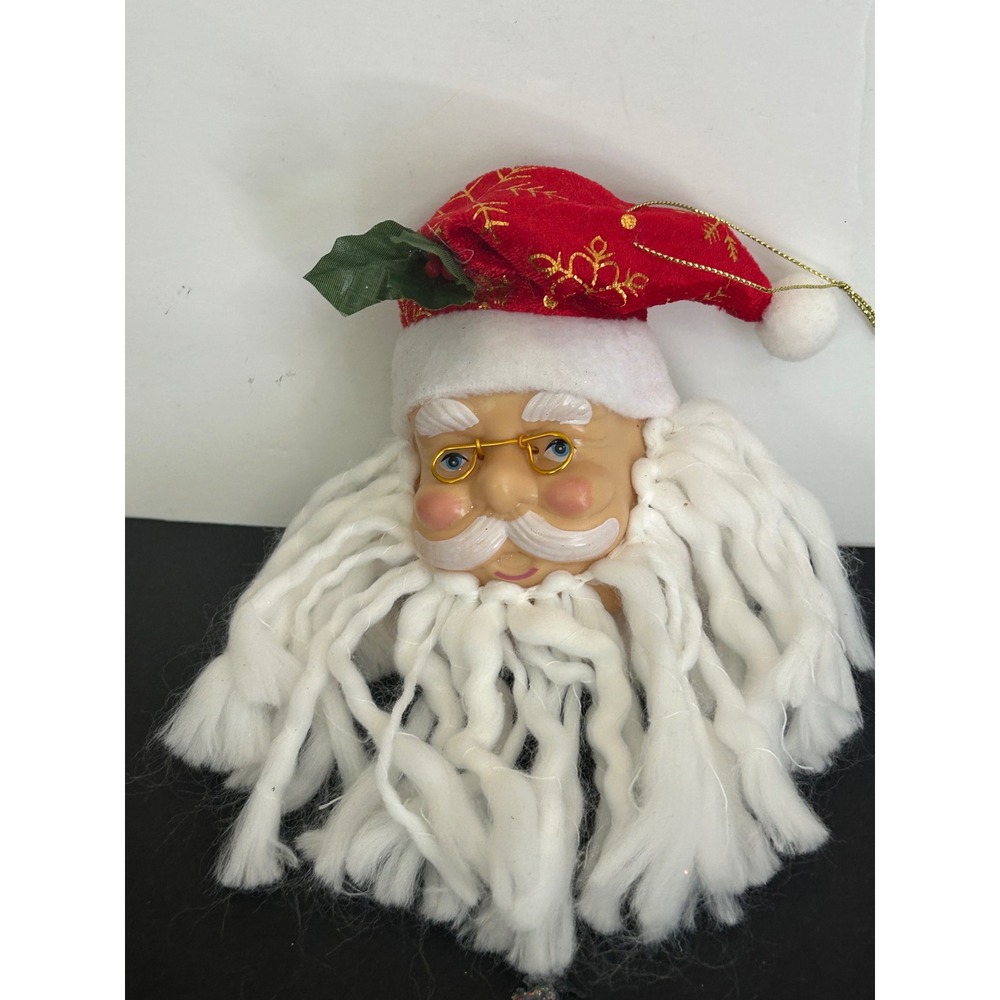 Ornament Christmas Red Santa Head Plush Beard Gold Glass Holiday Decor - Picture 7 of 8